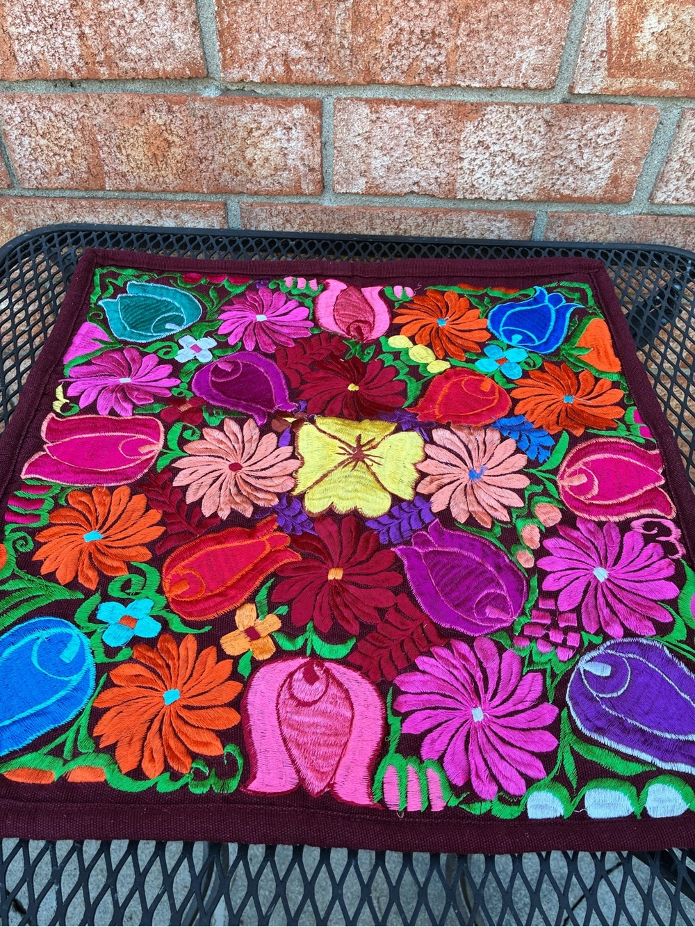 Mexican Hand-Embroidered Floral Textile Pillow Cover - Vibrant Multicolor